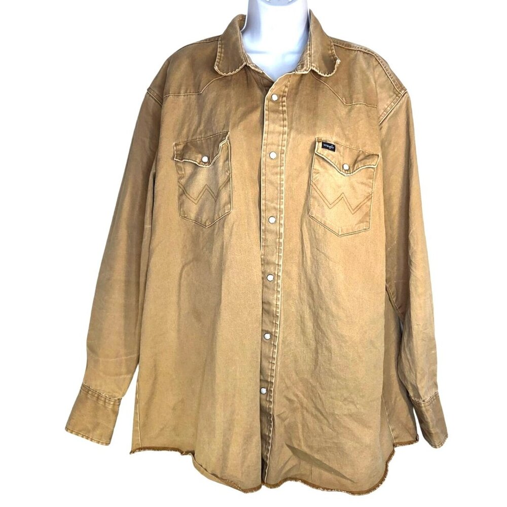Wrangler Vintage Tan Pearl Snap Long Sleeve Western Cowboy Work Shirt Men's 2XT - Picture 2 of 7